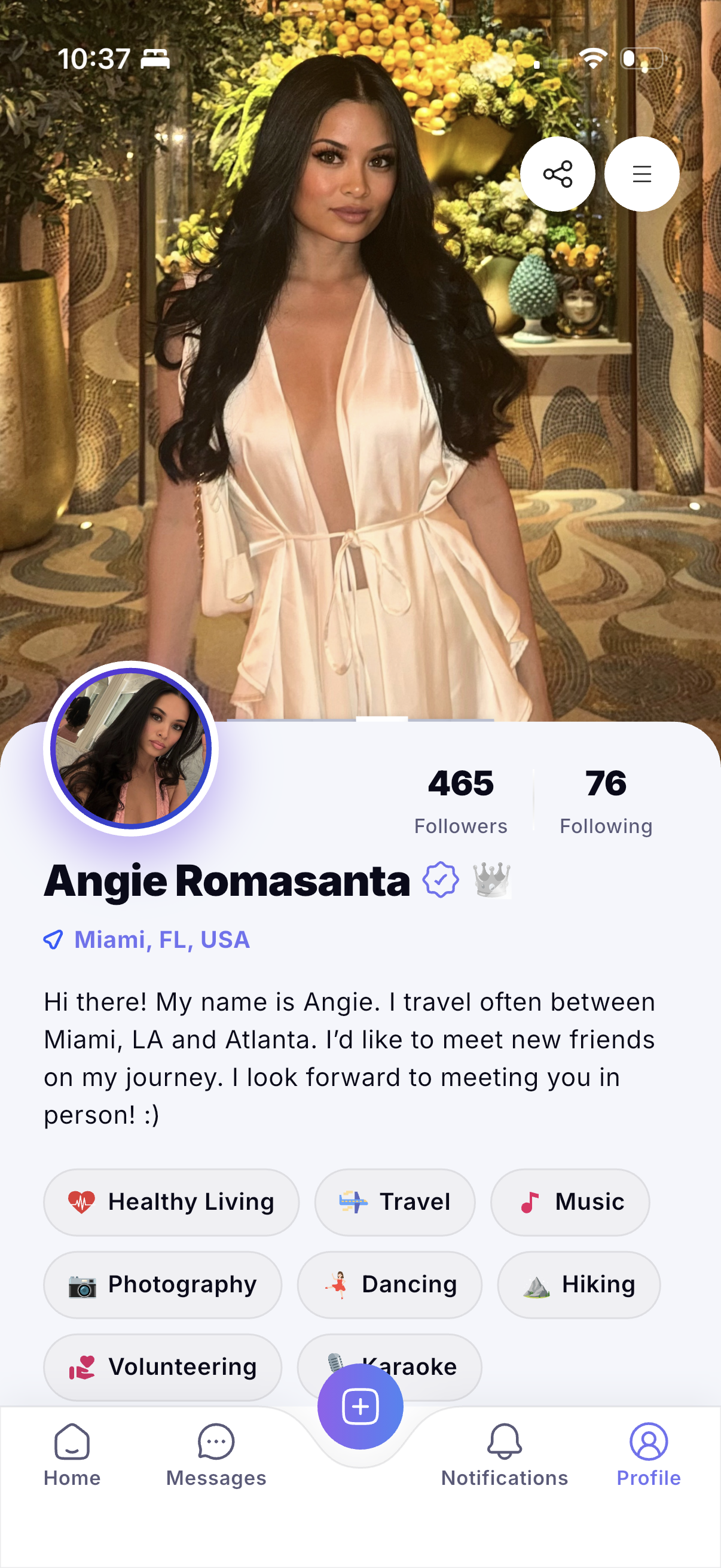 Plus 1 Profile screen showing an example member with interests
